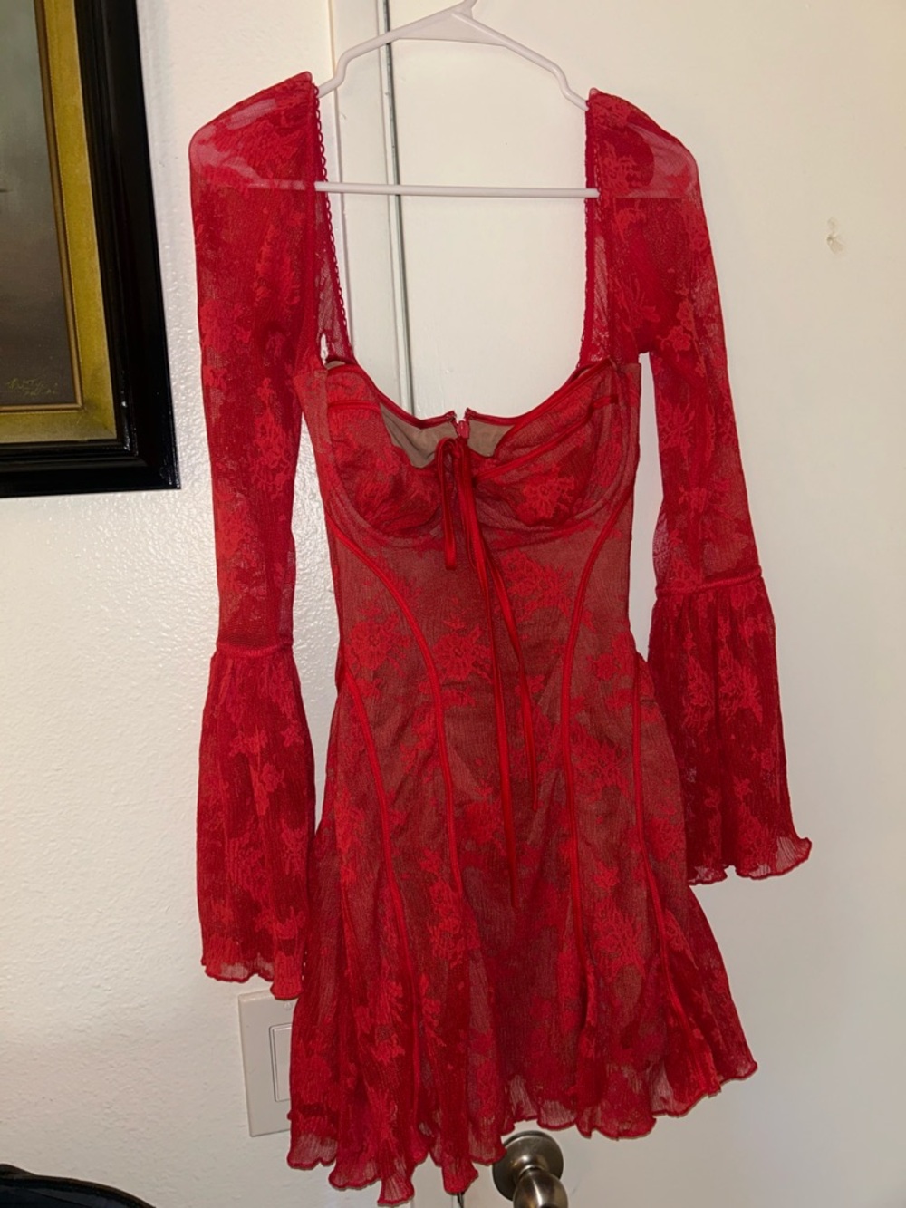 Red Lace Long-Sleeve Fit-and-Flare Mini Dress